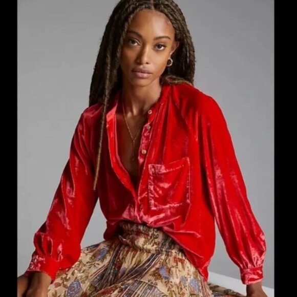 Anthropologie Tops - Anthropologie Pilcro Puff-Sleeved Red Velvet Buttondown Shirt Top L